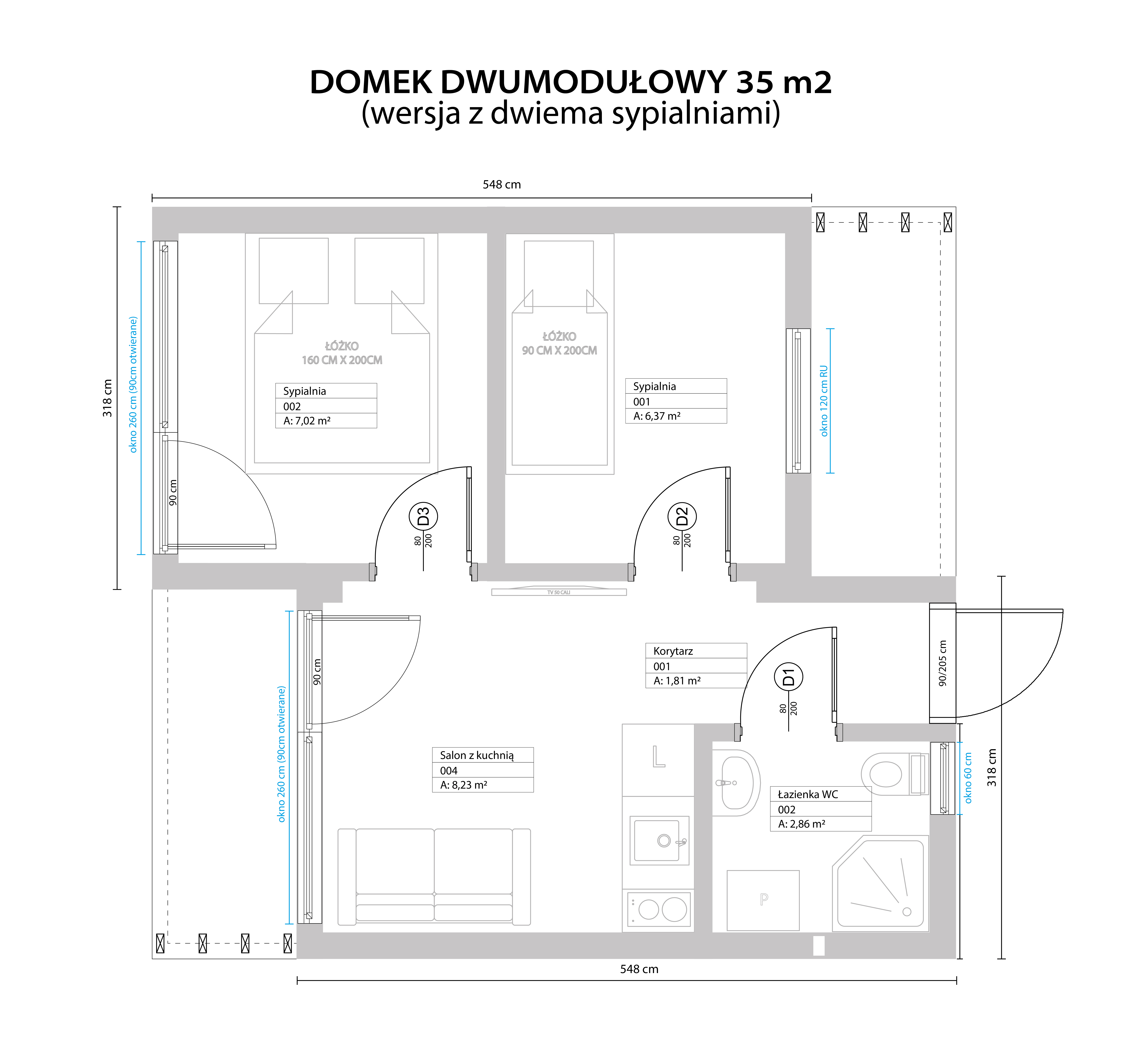 Rzut FIM 35m² — dwumodułowy, 2 sypialnie
