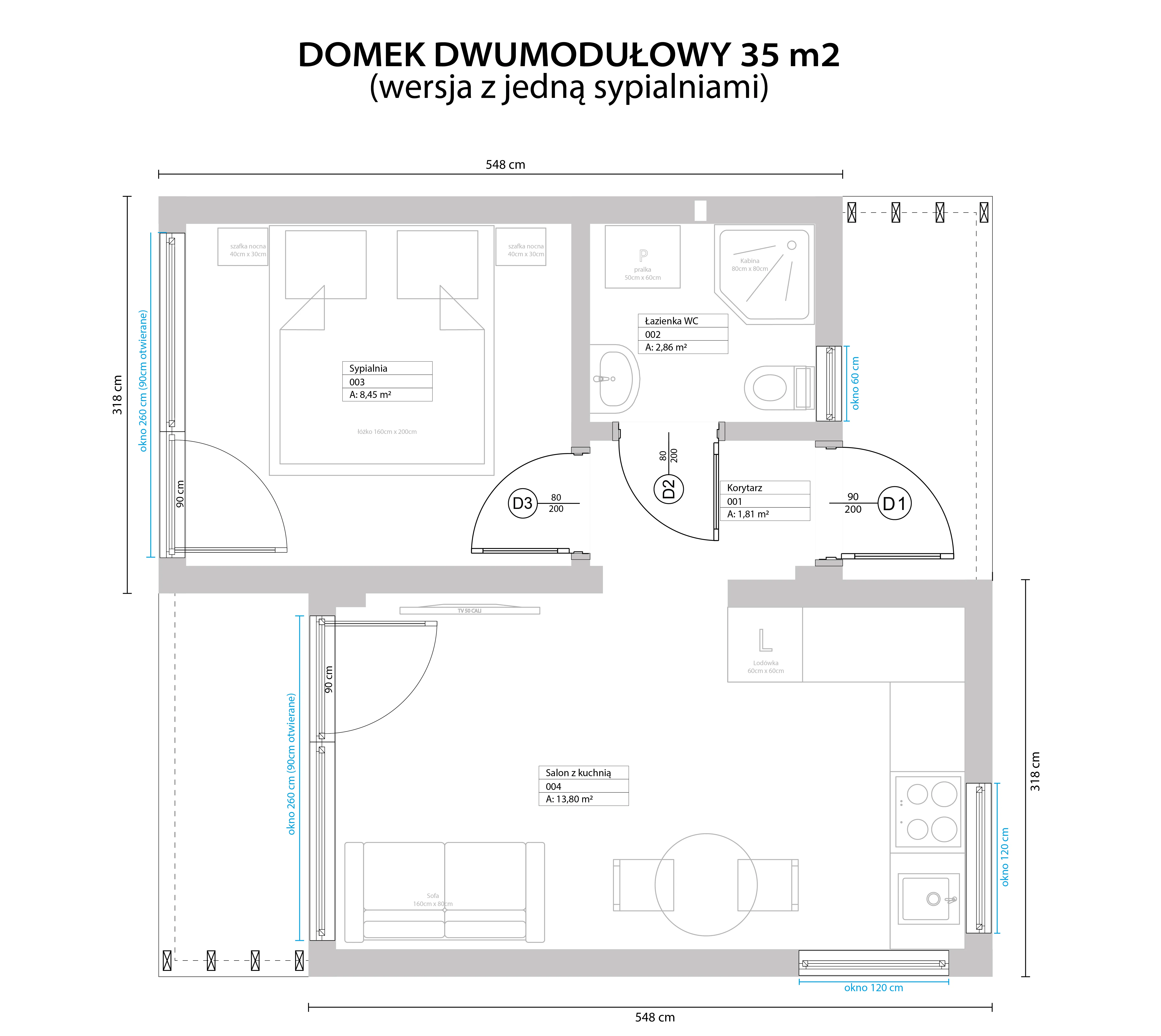Rzut FIM 35m² — jednomodułowy, 1 sypialnia